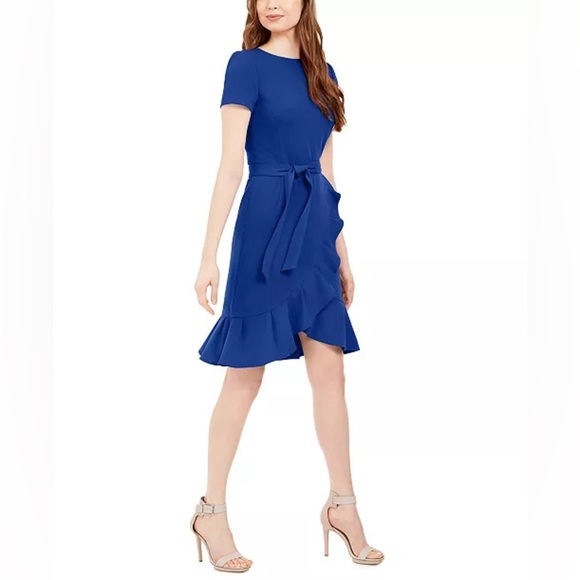 Calvin Klein Royal Blue Mini Dress Ruffle Belted Sheath Soze 6 6P Party Work NWT - Picture 2 of 13